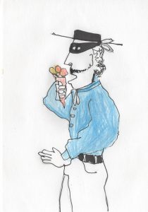 Je ziet Zorro op het plaatje die een ijsje eet. Hij heeft zijn masker voor en zijn Zorro-hoed op, en hij heeft een blauwe bloes aan. Zijn ijsje heeft 3 bolletjes.